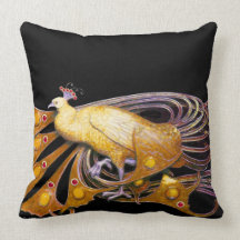 ELEGANT PEACOCK IN YELLOW BLACK THROW PILLOWS