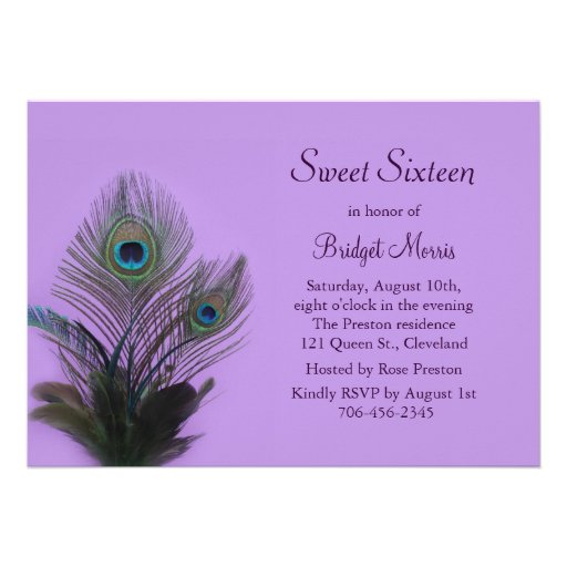 Elegant Peacock Sweet Sixteen Invitation purple
