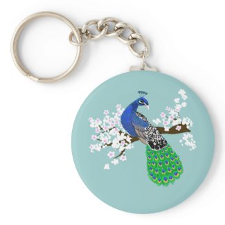 Elegant Peacock with Sakura blossoms keychain