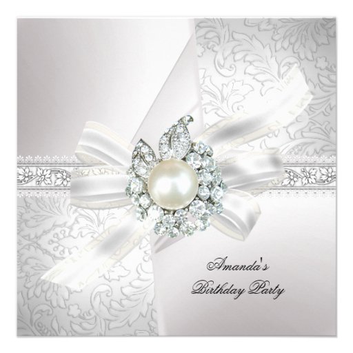 Elegant Pearl White Silver Birthday Party Invites