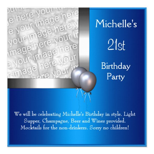 Elegant Photo Blue Silver Balloon 21st Birthday Custom Invite