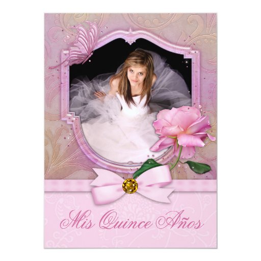 Elegant Photo Pink Butterfly Rose Quinceanera Personalized Invitation