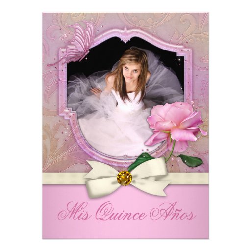 Elegant Photo Pink Butterfly Rose Quinceanera Announcements
