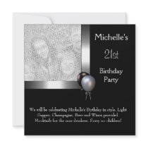 Elegant Photo Silver Black Balloon 21st Birthday Custom Invitations
