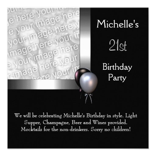 Elegant Photo Silver Black Balloon 21st Birthday Custom Invitations