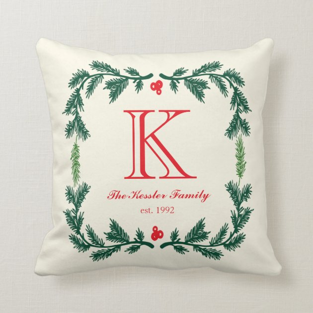 Elegant Pine Monogram Holiday Throw Pillow-0