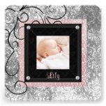 Elegant Pink and Black Baby Girl Photo Birth Custom Announcements
