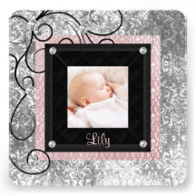 Elegant Pink and Black Baby Girl Photo Birth Custom Announcements