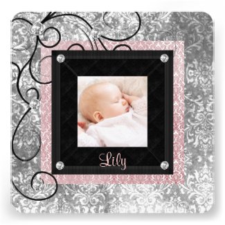 Elegant Pink and Black Baby Girl Photo Birth Custom Announcements
