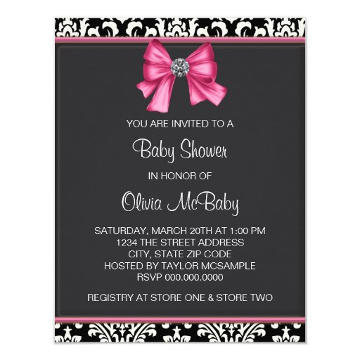 Elegant Pink and Black Damask Baby Shower Personalized Invitation Card