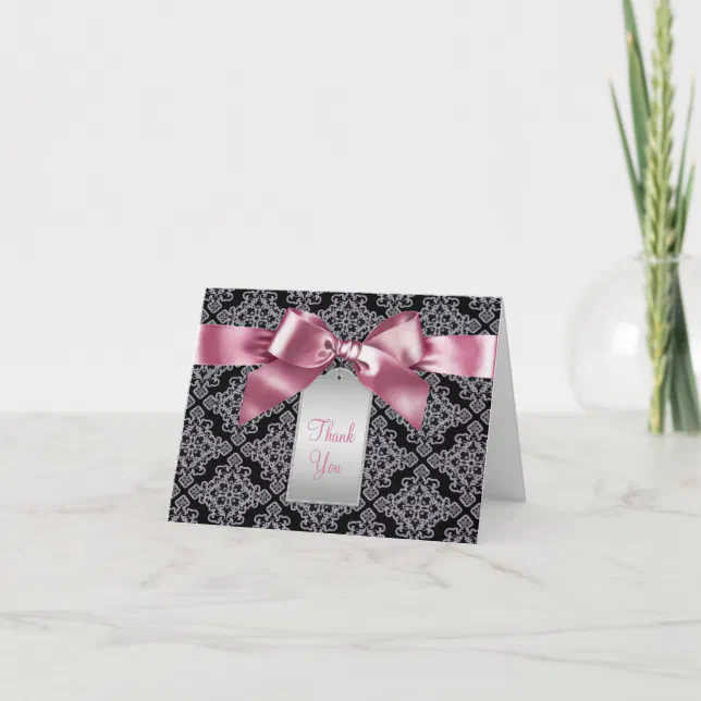 Elegant Pink And Black Damask Thank You Cards Zazzle