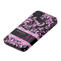 Elegant pink and black damask with monogram iPhone 4 covers