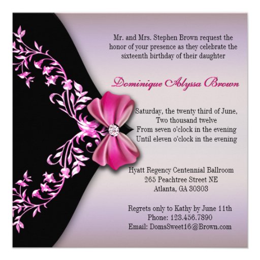 Elegant Pink and Black Invite with Diamond Bow