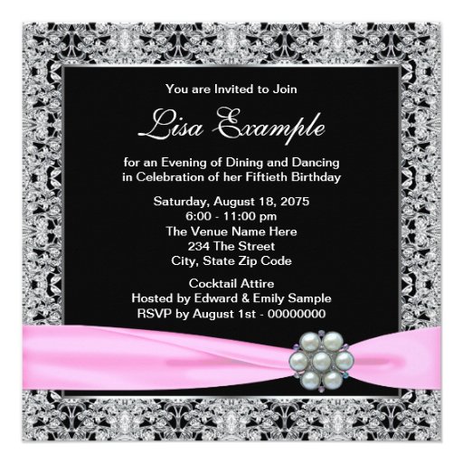 Elegant Pink and Black Womans 50th Birthday Party Announcement