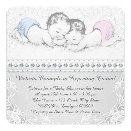 Elegant Pink and Blue Twin Baby Shower Personalized Announcements (front side)