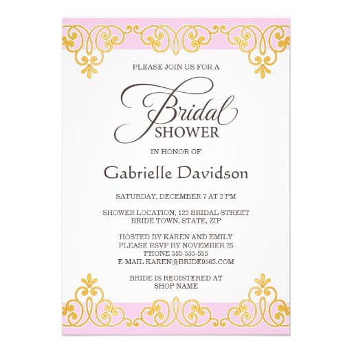 Elegant pink and golden lace damask bridal shower card