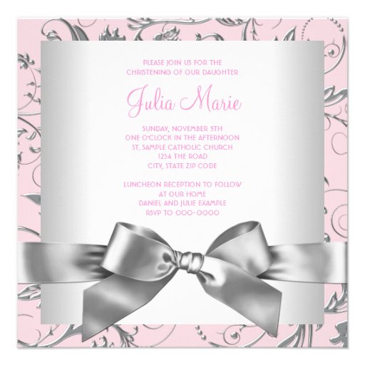 Elegant Pink and Gray Christening Custom Invite