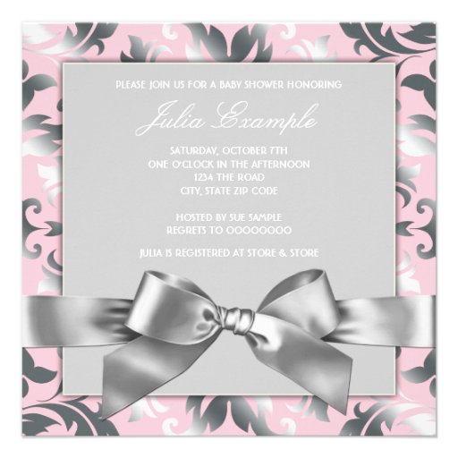 Elegant Pink and Gray Damask Baby Shower Announcement
