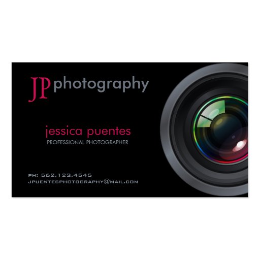 Elegant Pink and Gray Photographer Camera Lens Business Cards (front side)