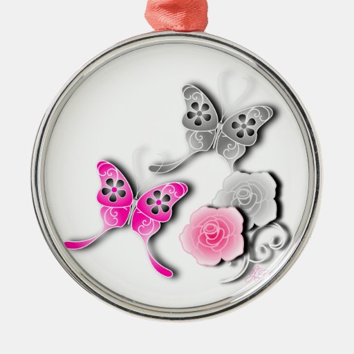 Elegant Pink And Silver Butterflies And Roses Christmas Ornaments