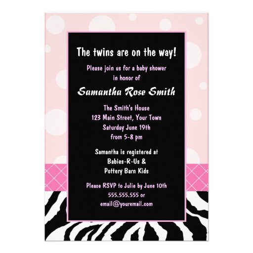 Elegant Pink and Zebra Girl Twins Baby Shower Invitations (front side)