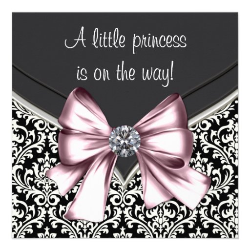 Elegant Pink Black Damask Princess Baby Shower Custom Announcements