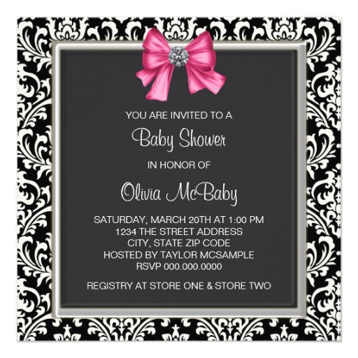 Elegant Pink Black Damask Princess Baby Shower Custom Announcements