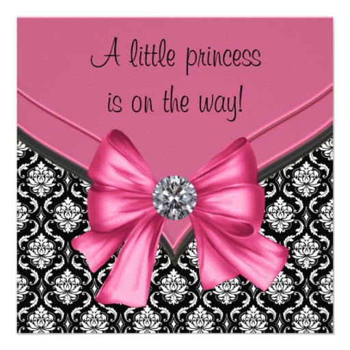 Elegant Pink Black Damask Princess Baby Shower Announcements