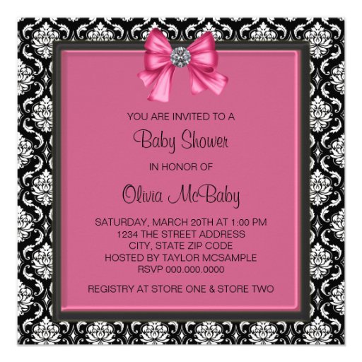 Elegant Pink Black Damask Princess Baby Shower Announcements