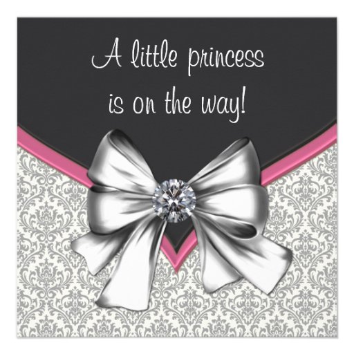 Elegant Pink Black Damask Princess Baby Shower Custom Invitations