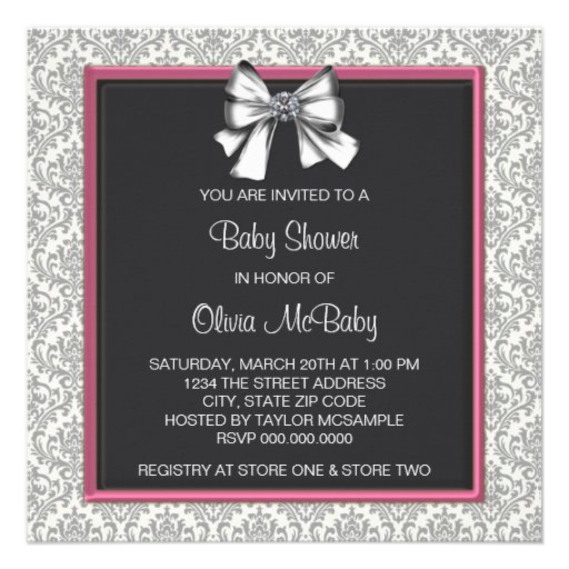 Elegant Pink Black Damask Princess Baby Shower Custom Invitations