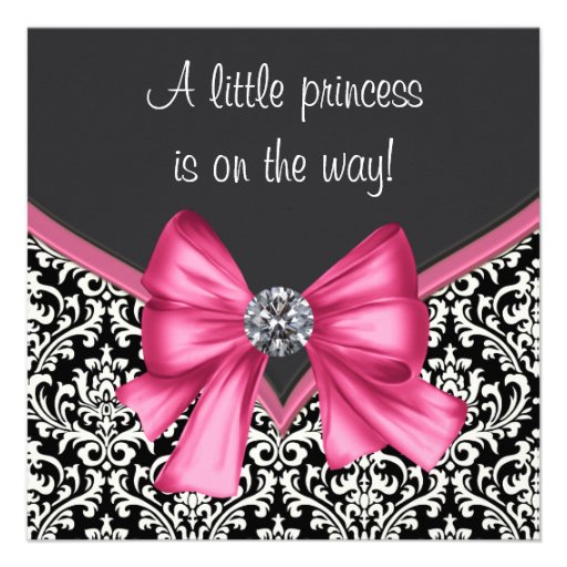 Elegant Pink Black Damask Princess Baby Shower Custom Announcements