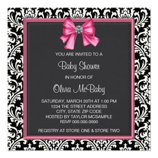Elegant Pink Black Damask Princess Baby Shower Custom Announcements