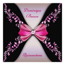 Elegant Pink Black Diamond Bow Quinceanera Personalized Invites