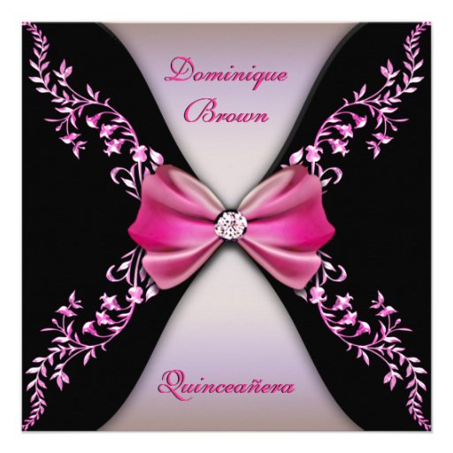 Elegant Pink Black Diamond Bow Quinceanera Personalized Invites
