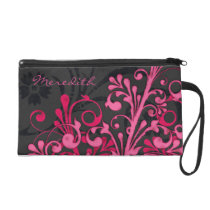 Elegant Pink Black Floral Personalized Wristlet
