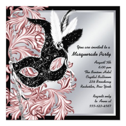 Elegant Pink Black Masquerade Party Personalized Announcement