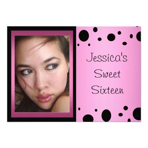 Elegant Pink Black Spots Photo Sweet 16 Personalized Announcements