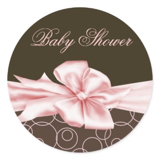 Elegant Pink Brown Bow Baby Shower Stickers