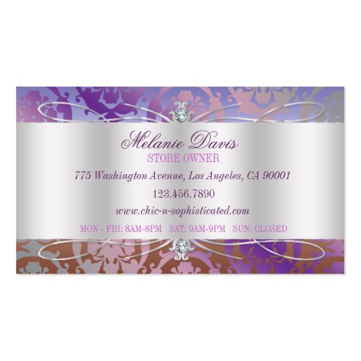 Elegant Pink Brown Purple Damask Swirl Business Card Templates (back side)