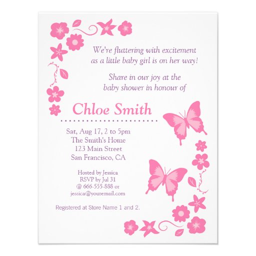 Elegant Pink butterfly baby shower party Custom Invitations