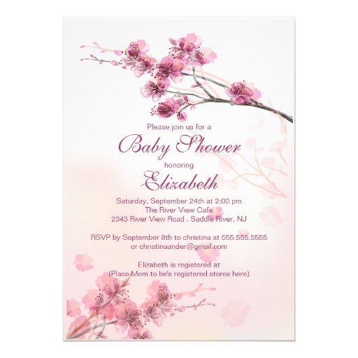Elegant Pink Cherry Blossom Floral Baby Shower Custom Announcement