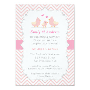 Elegant Pink Chevron Cute Bird Baby Shower Personalized Invitation Card