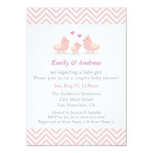 Elegant Pink Chevron Cute Bird Baby Shower Customized Announcement Cards