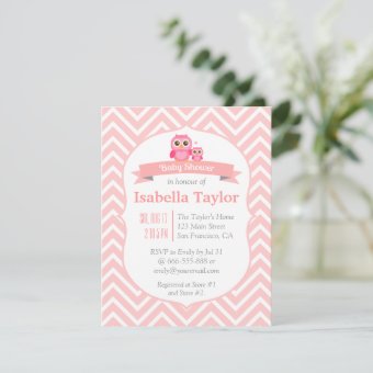 Elegant Pink Chevron Owl Baby Girl Shower Party Invitation Zazzle