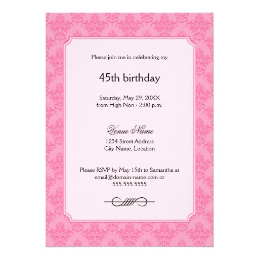 Elegant Pink Damask Birthday Tea Party Personalized Announcements