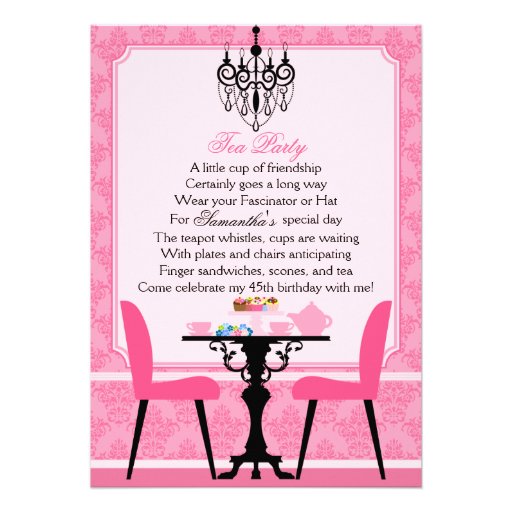 Elegant Pink Damask Birthday Tea Party Personalized Announcements