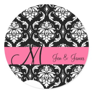 Elegant Pink Damask Monogram Names Wedding Label sticker