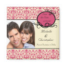 square_magnet - Announce your future wedding with our Photo Save The Date Announcement Magnet featuring a beautiful pink on cream elegant damask pattern with a fancy circle framing Save the Date. Just add your wedding information and photo and you're all set to go! Matching postage stamps and envelope seals available in our shop