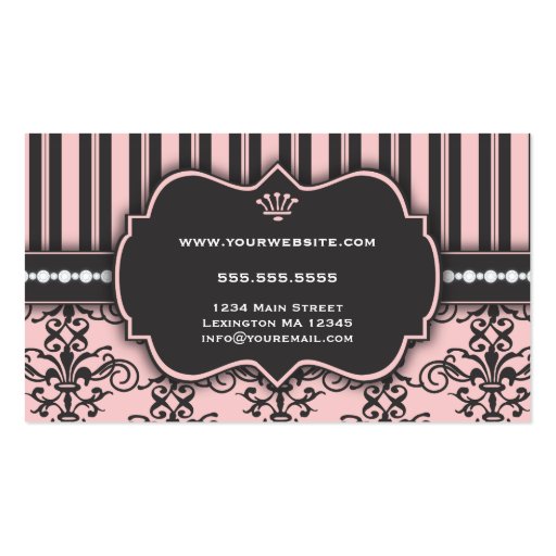 Elegant Pink Damask & Stripe Bakery Business Card (back side)